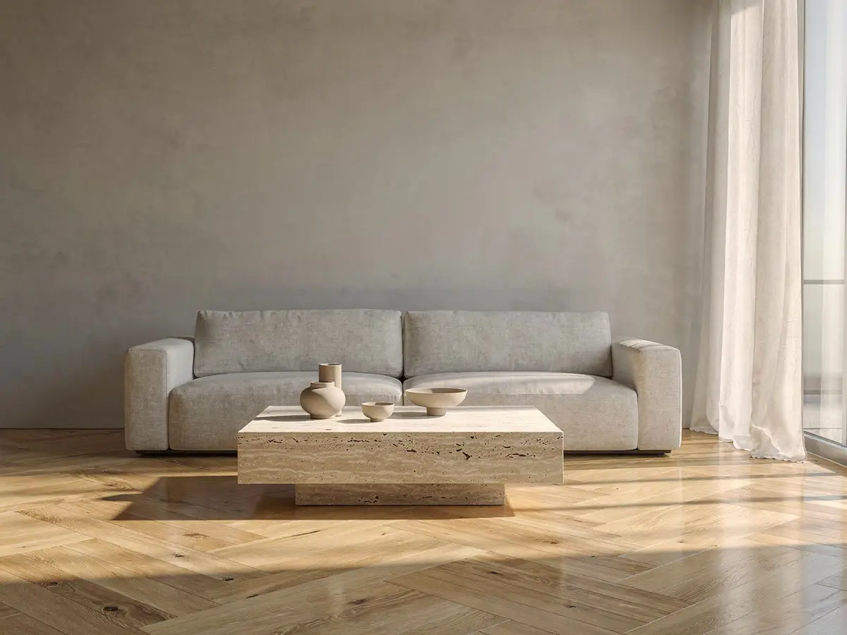 The same living room with a different floor or wall from the catalogue: Oak herringbone