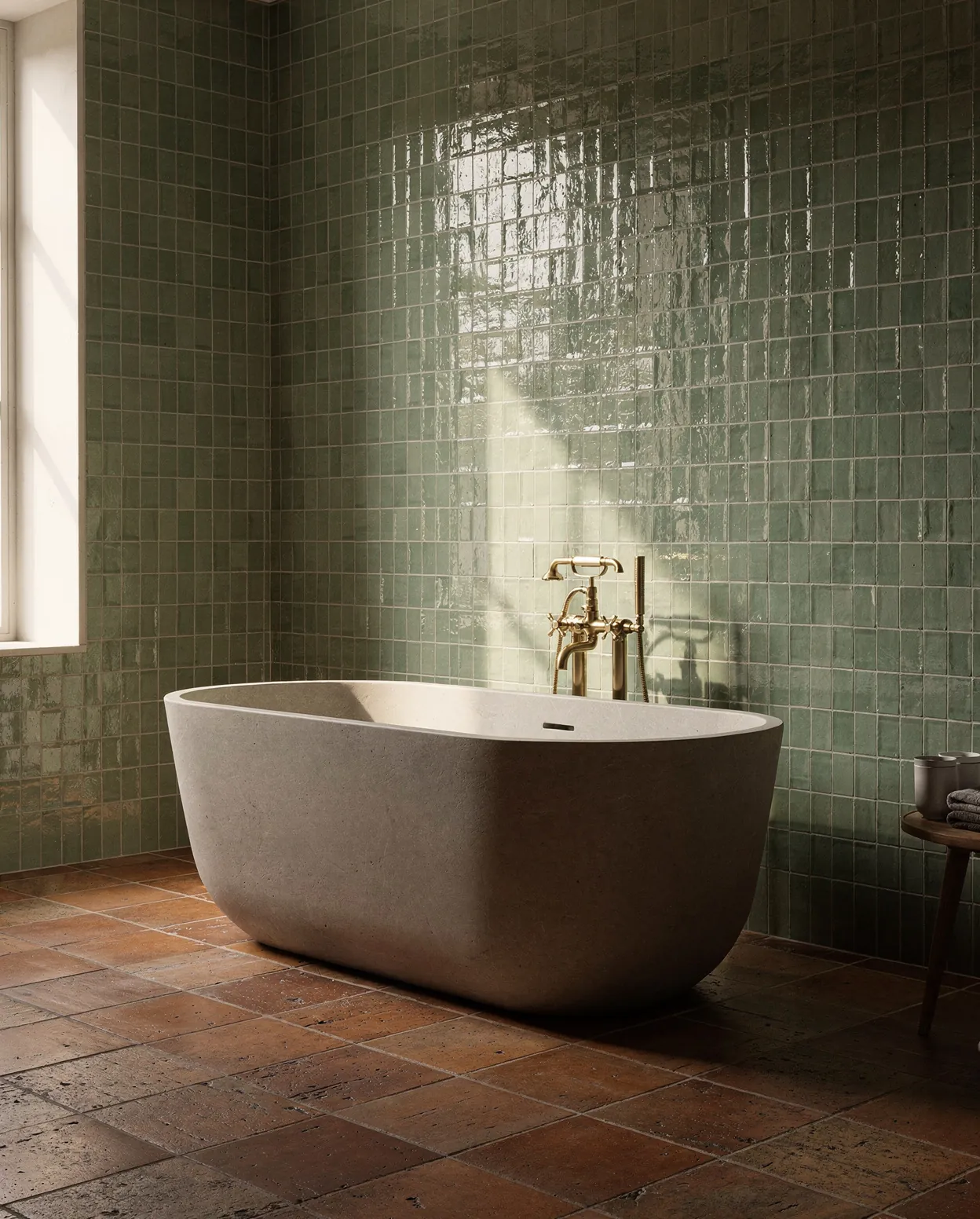 A bathroom wall in sage zellige tile