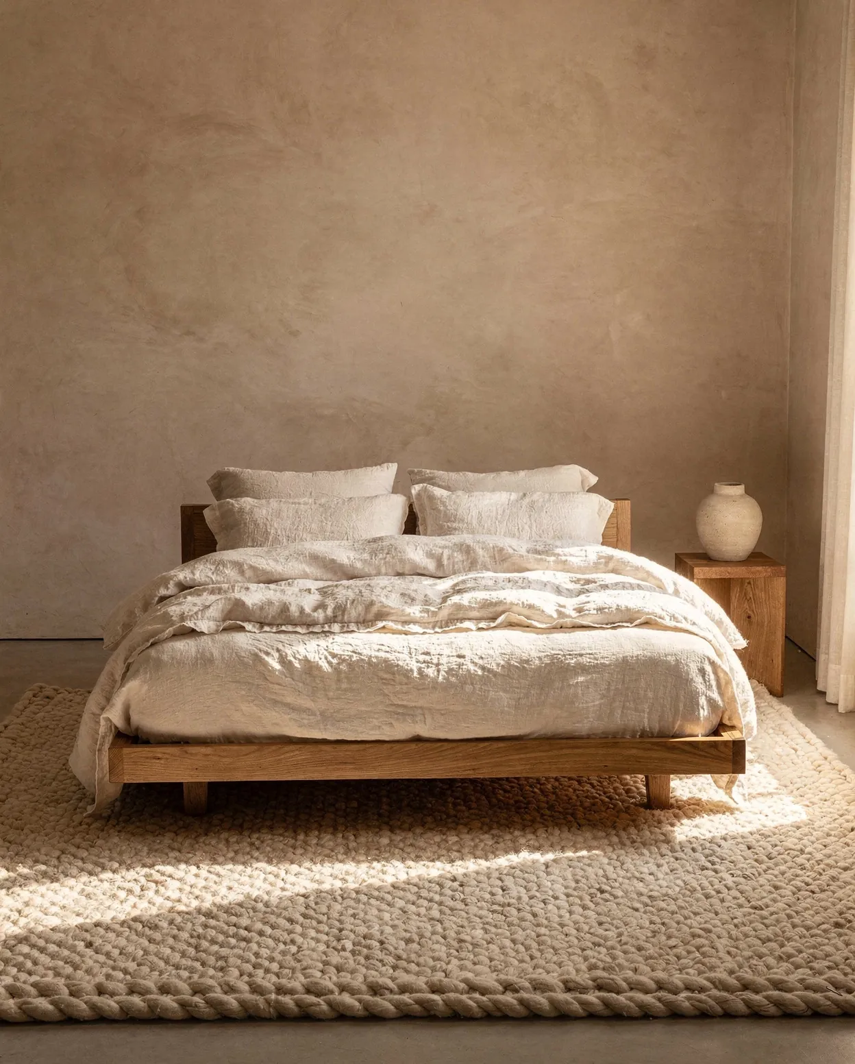 A bedroom with a wool rug