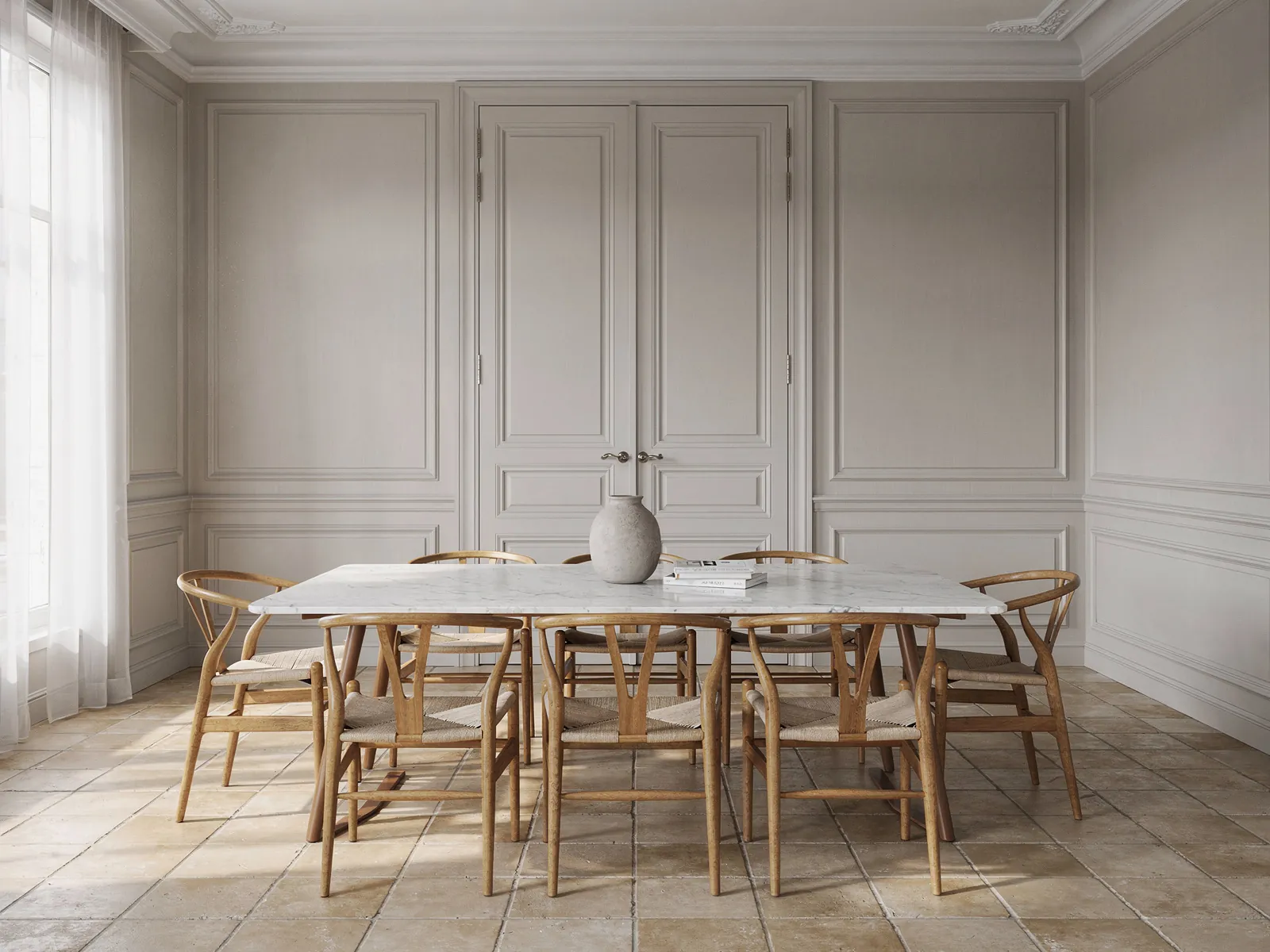 A Paris dining room with its tiled floor replaced by Versailles oak panels, before