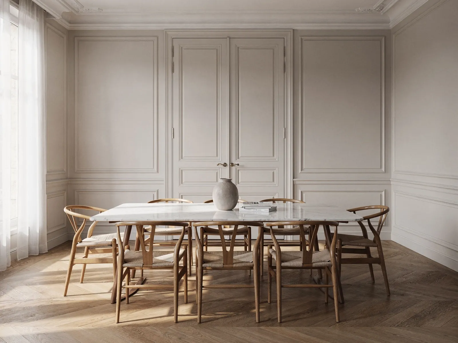 A Paris dining room with its tiled floor replaced by Versailles oak panels, after