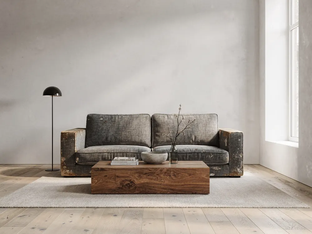 A living room with a worn grey sofa replaced by an ivory bouclé curved sofa, before
