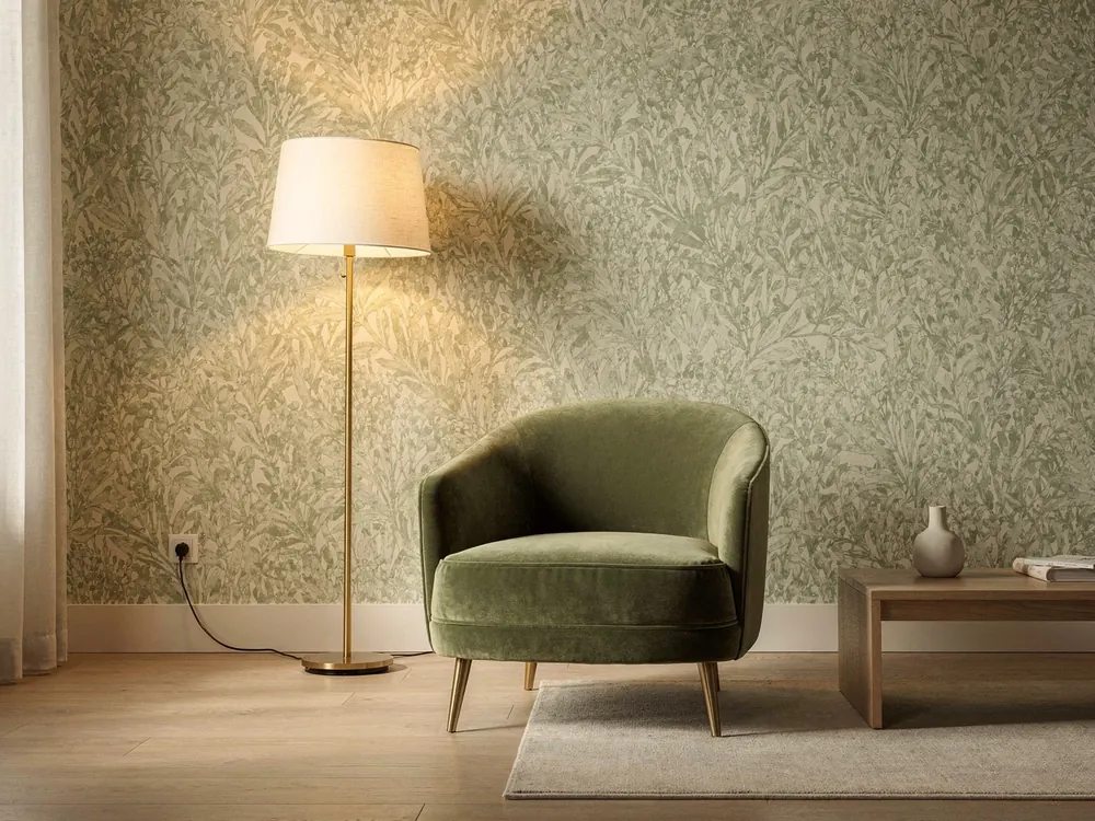 A reading corner with a green velvet armchair and a covered back wall: Willow leaf