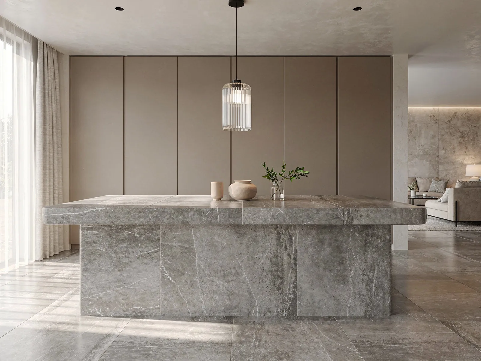 An open kitchen with its terrazzo floor replaced by large stone-look porcelain, after
