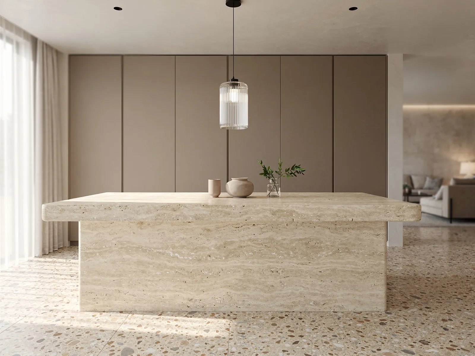 A kitchen with terrazzo surfaces