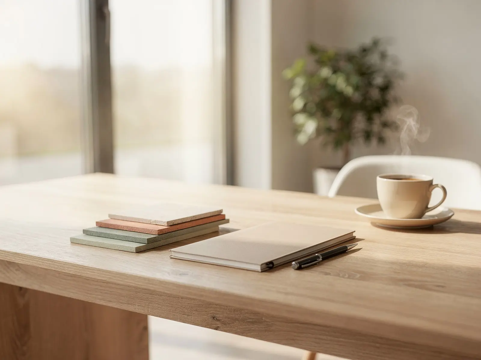 A light oak desk by a window with flooring and tile samples, a notebook and a cup of coffee