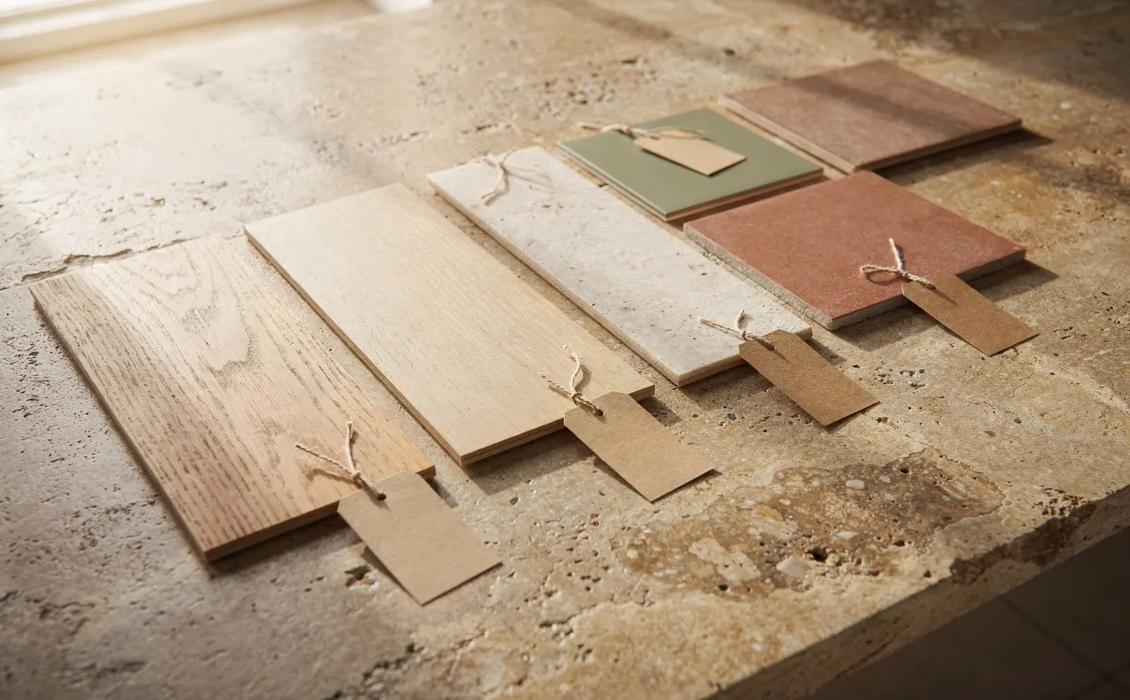 Flooring planks and tile samples on a stone counter, each with a blank kraft paper tag