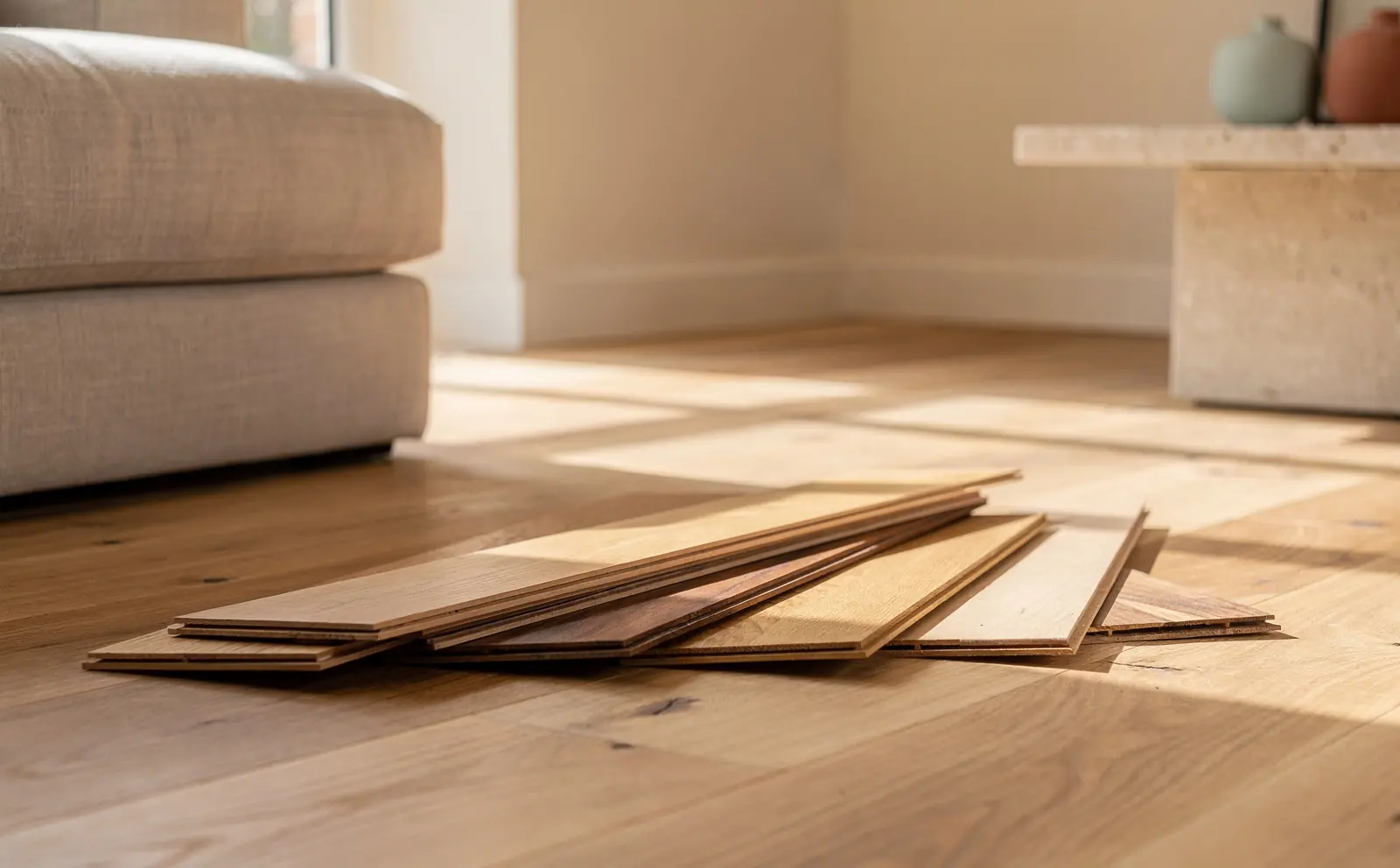 Oak and walnut flooring planks fanned on a light oak floor beside a linen sofa