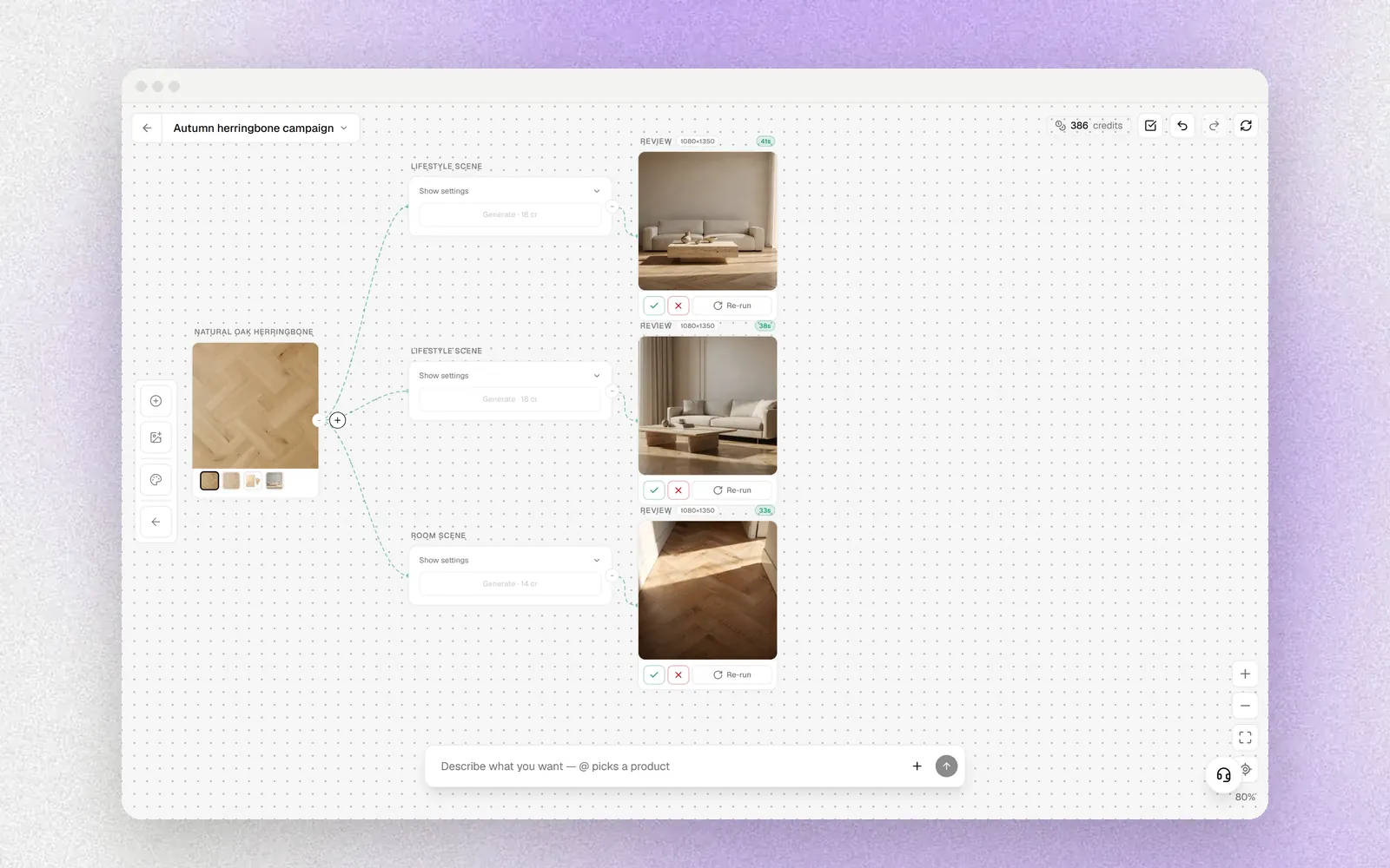 An Ardealy Content Studio canvas where one oak herringbone product feeds three generated room images waiting for review
