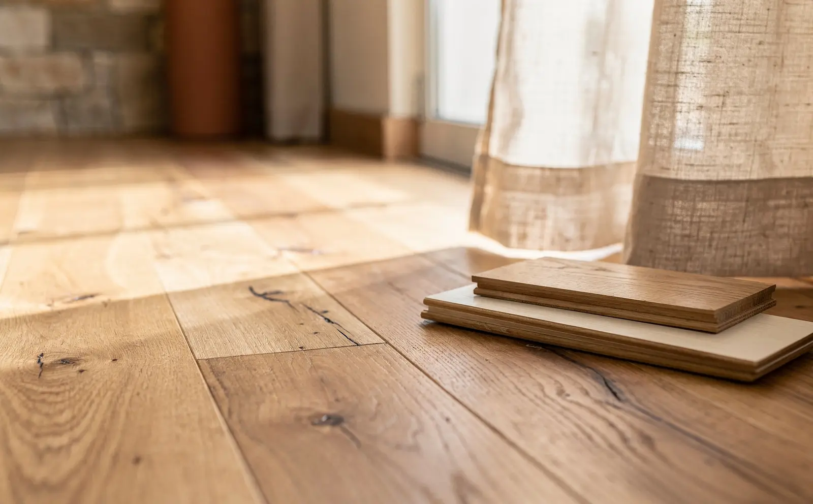 A wide-plank oak floor in low morning light with a small stack of sample planks by a linen curtain