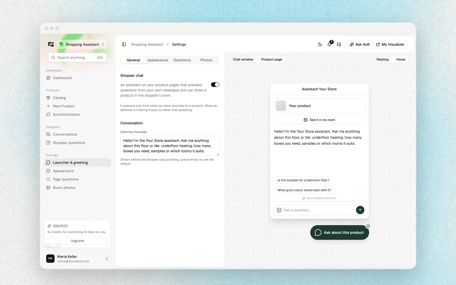 The Ardealy Shopping Assistant settings with the chat switched on and a preview of the greeting and the Ask about this product launcher