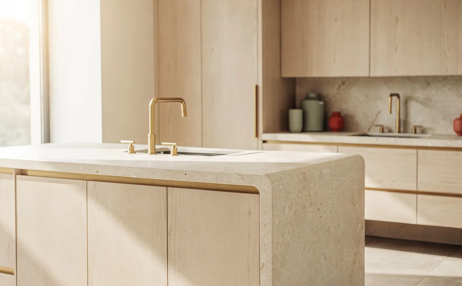 A showroom kitchen with a limestone island, pale oak cabinets and brass taps