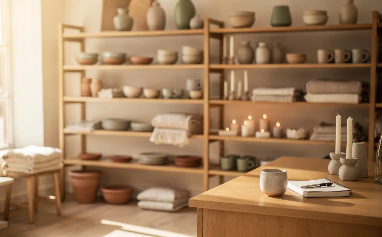 Oak shelves of stoneware, linen and candles in a small home goods shop