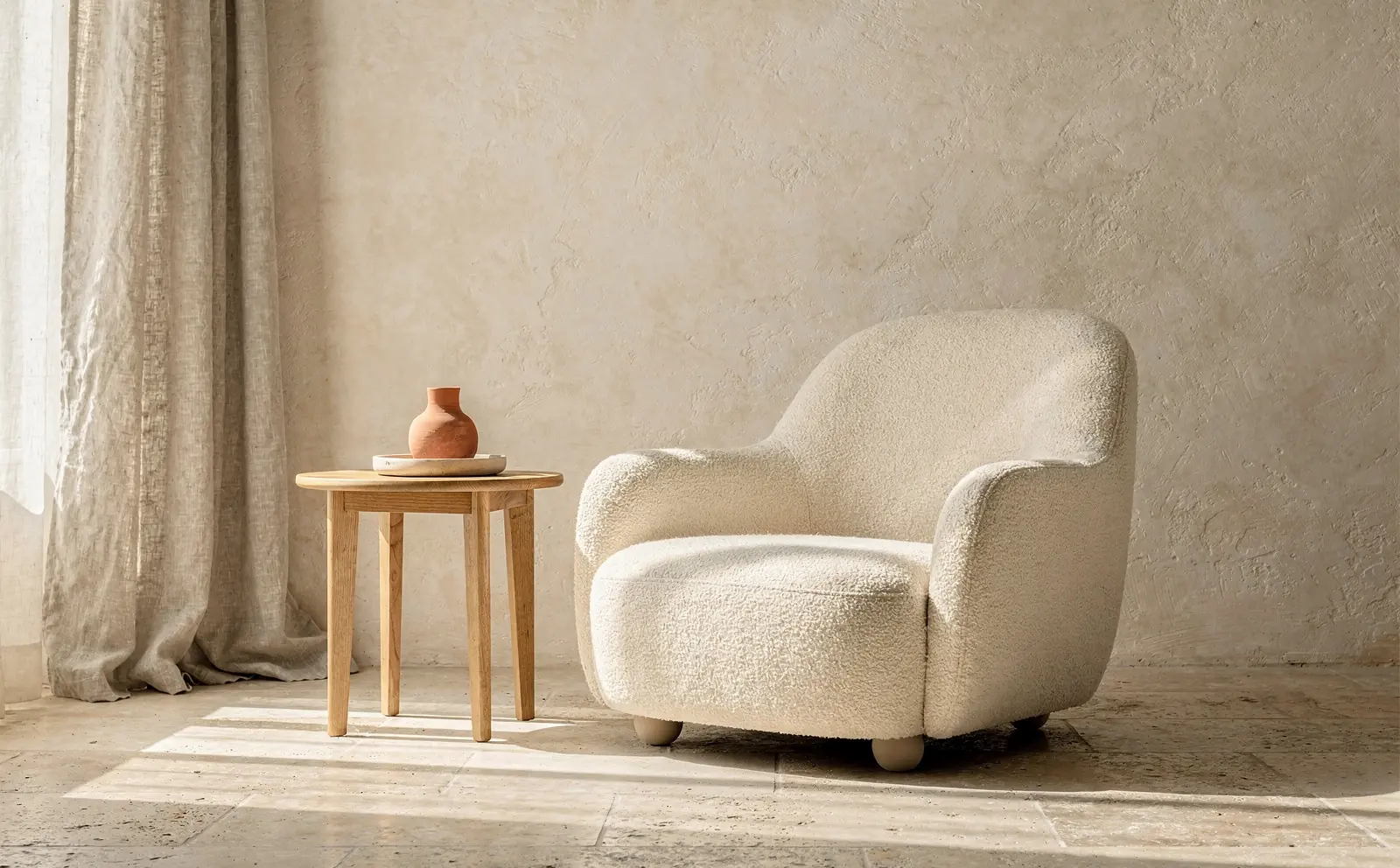 A cream boucle armchair beside an oak side table