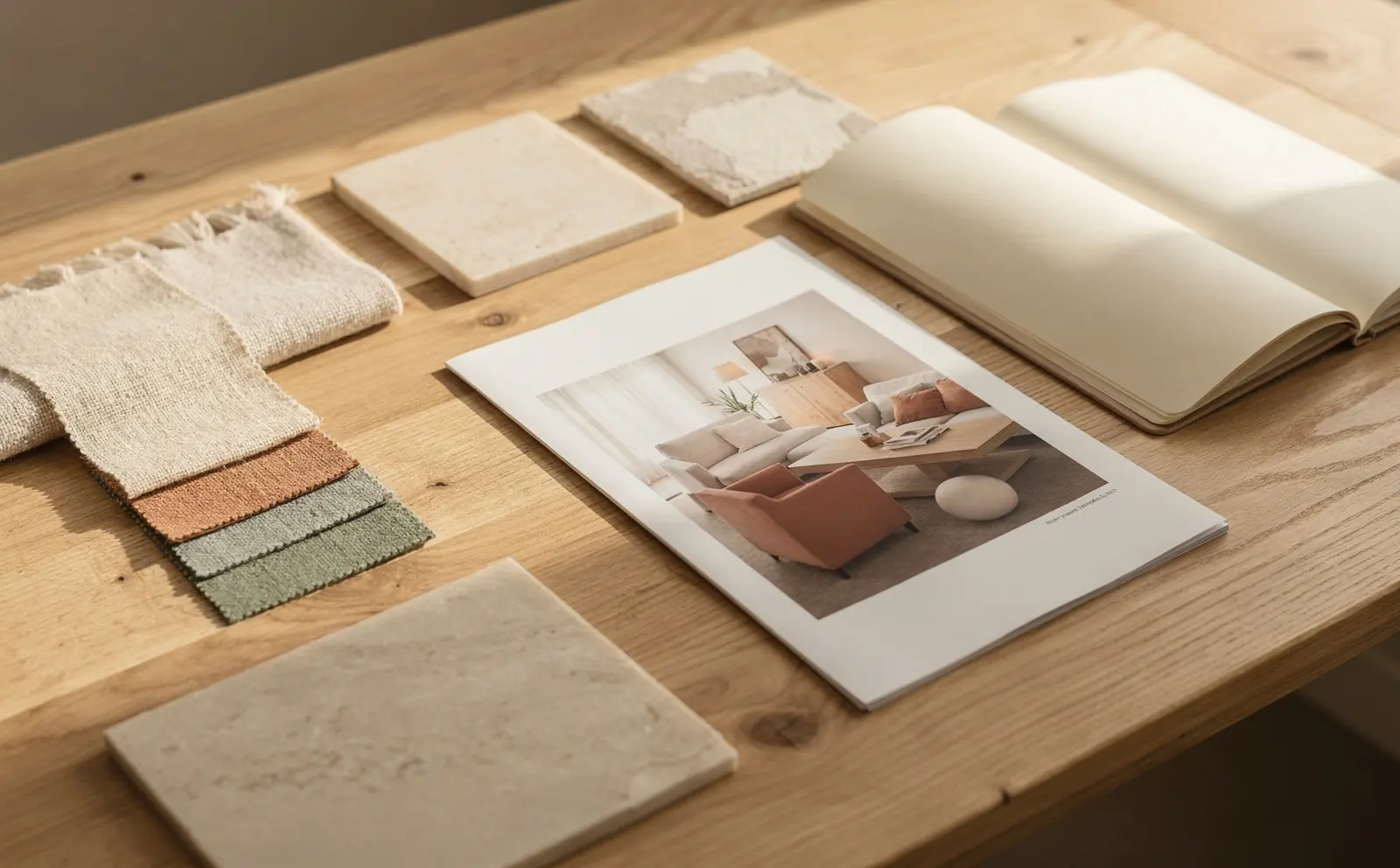Material samples and a product photo on an oak table