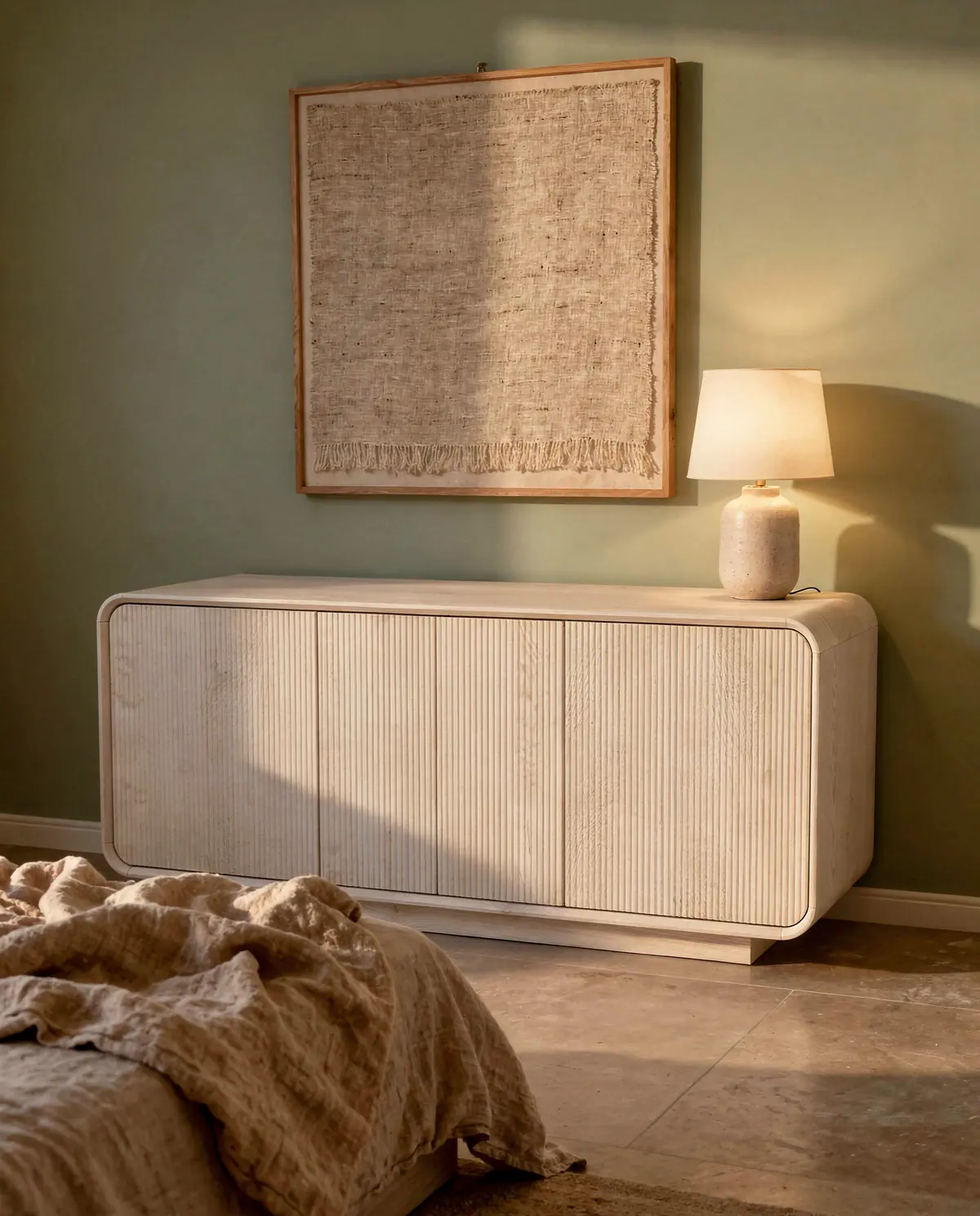 The Alma sideboard as a low dresser against a sage green bedroom wall