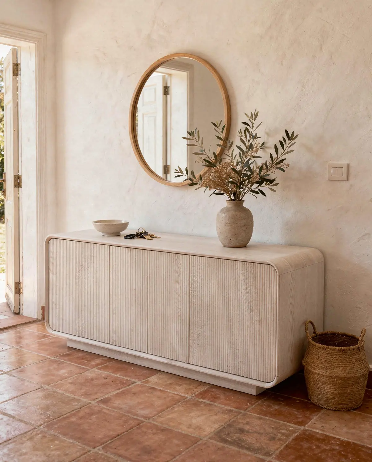 The Alma sideboard in an entrance hall with terracotta tiles and a round oak mirror