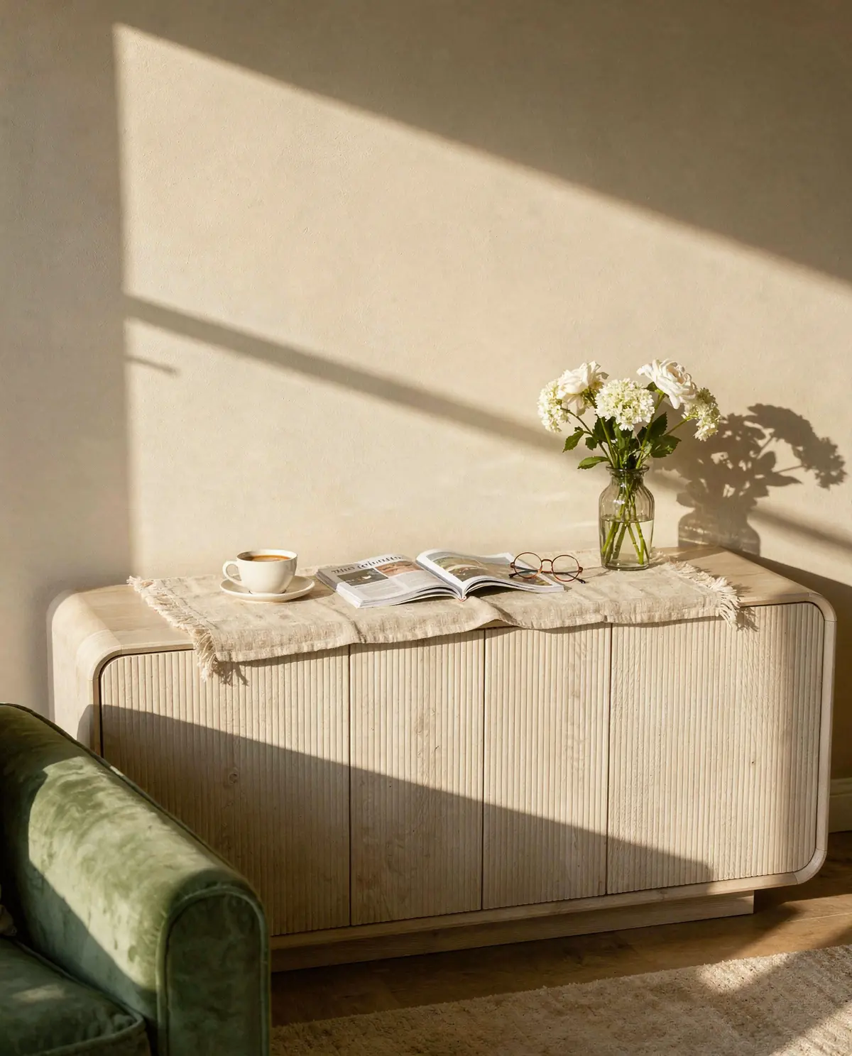 The Alma sideboard styled with coffee, a magazine and white flowers in morning sun