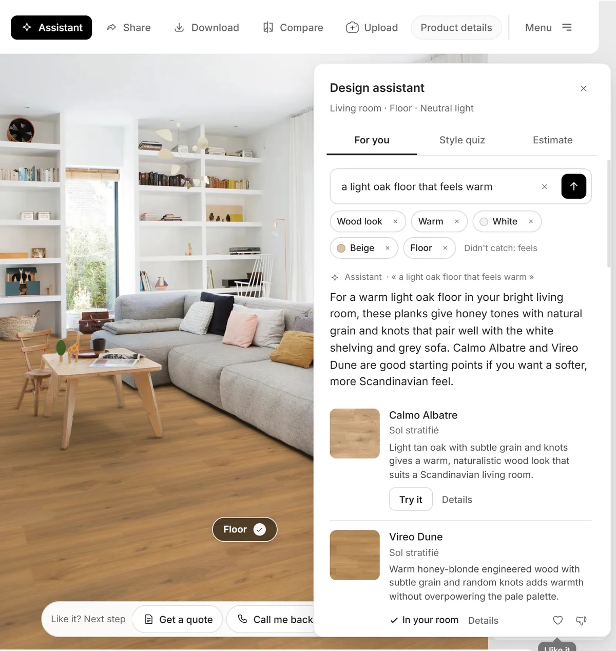 The Ardealy visualizer with the design assistant open, a warm oak floor it suggested laid in the living room