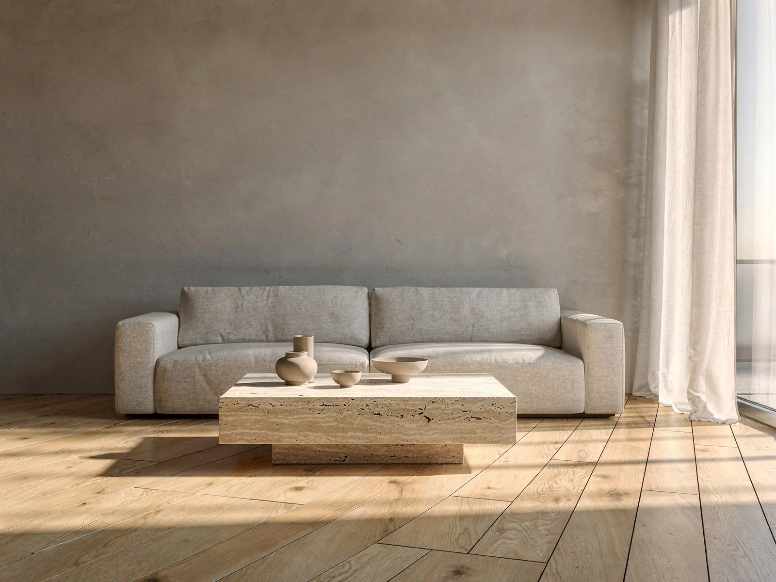 A living room with worn grey laminate replaced by oak planks laid diagonally, after