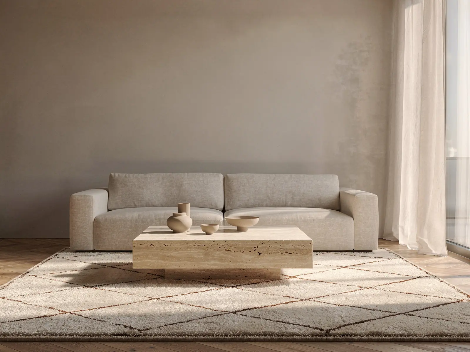 A living room with a cream berber rug laid under the coffee table, after