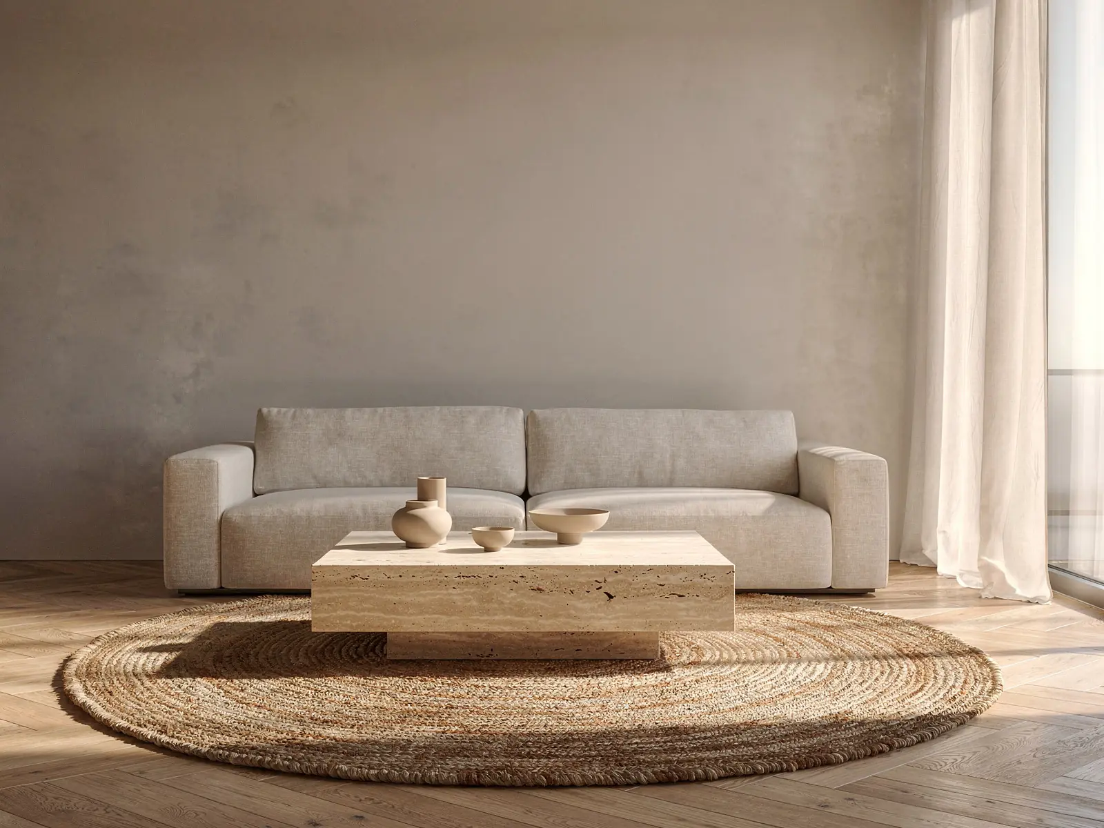 A living room with a round jute rug under the coffee table, after