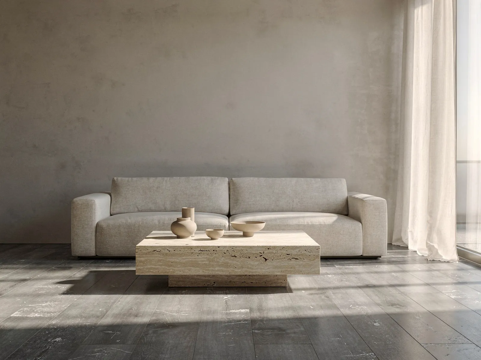 A living room with worn grey laminate replaced by oak planks laid diagonally, before
