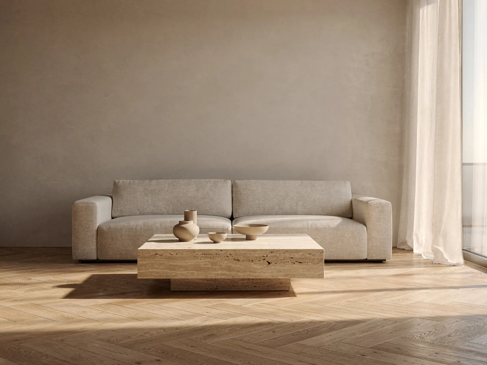 A calm living room with a light oak floor