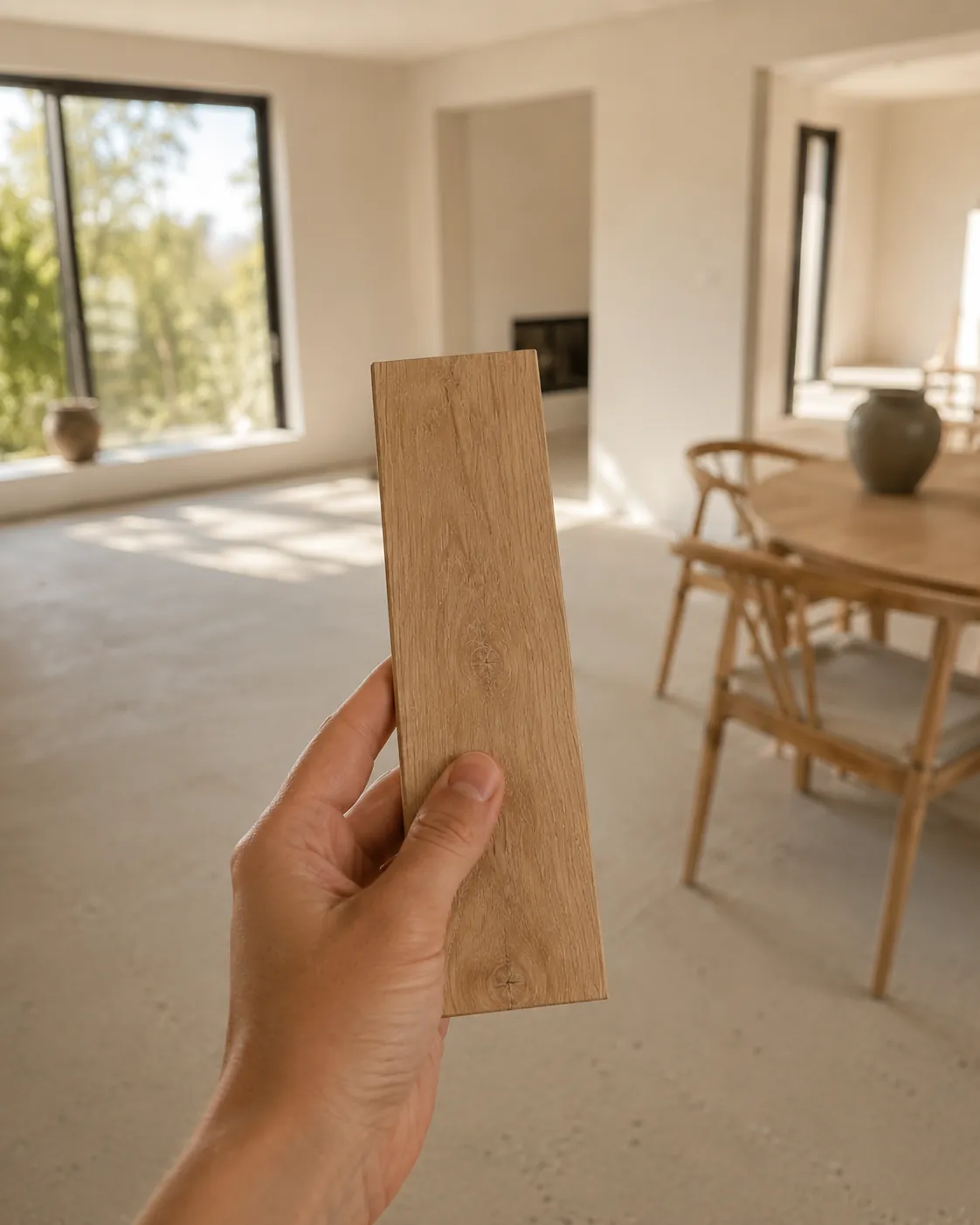 A customer holding a single oak flooring sample plank in an empty room