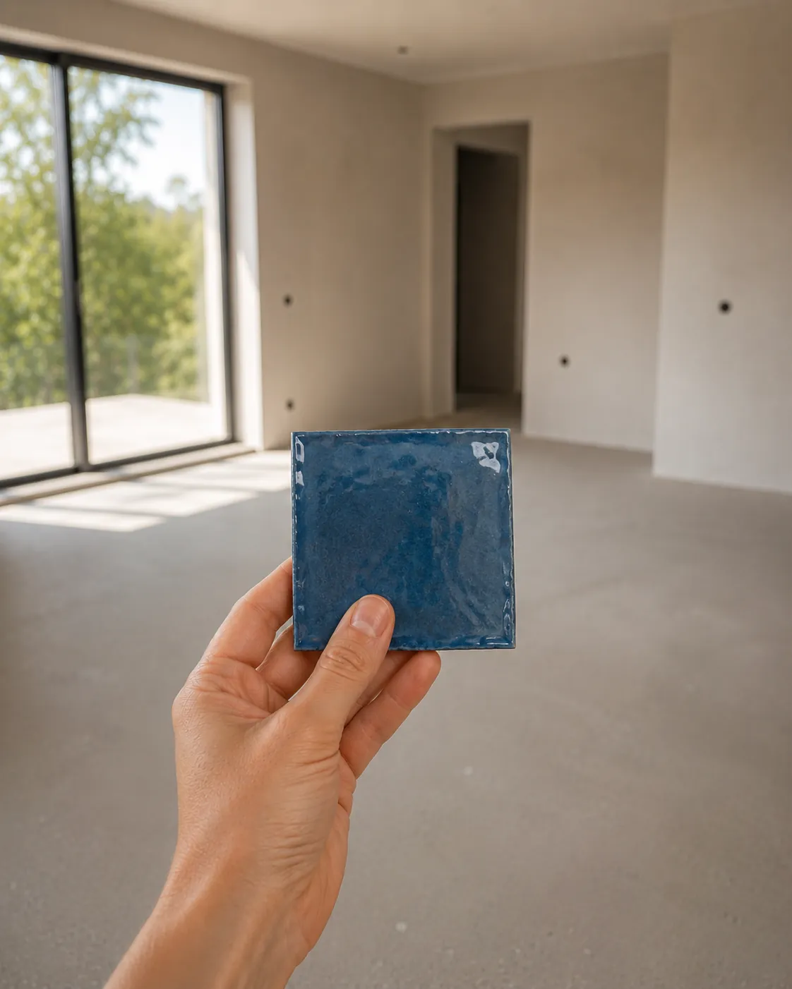 A customer holding a single tile sample in an empty room